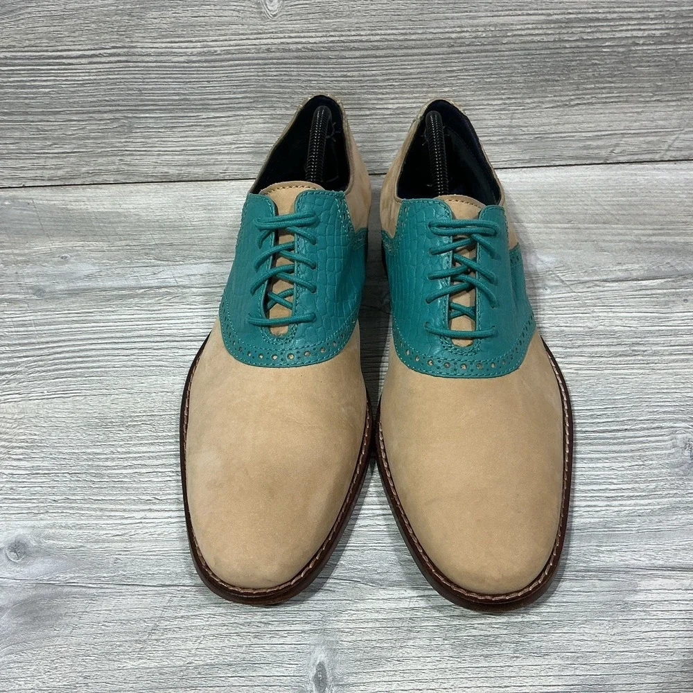 Cole Haan Tan Suede Green Croc Embossed Laced-Up Oxford Men's 9.5M Formal Career